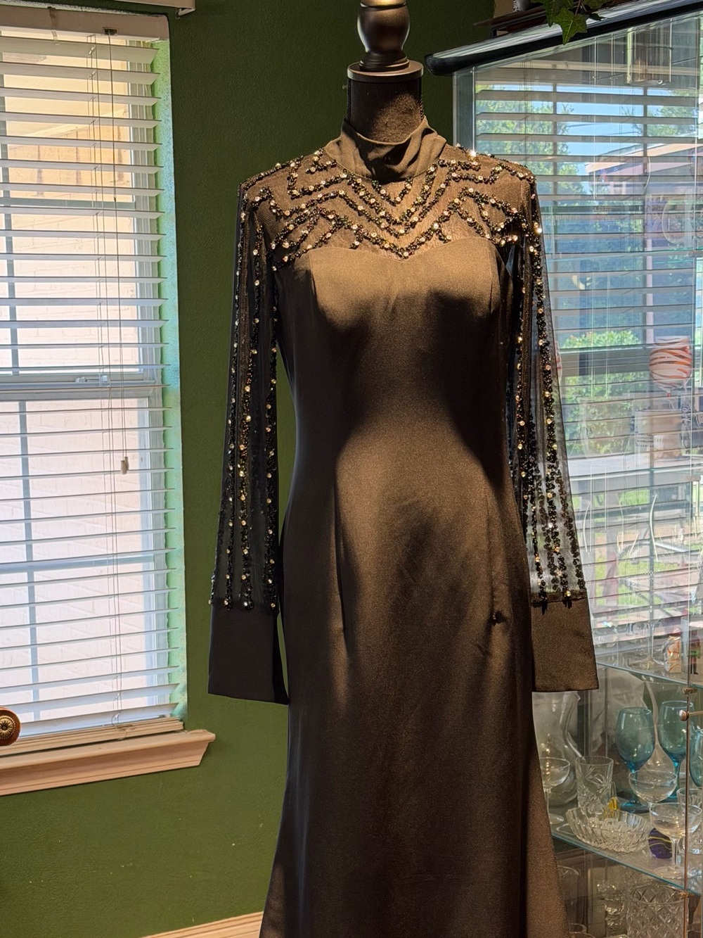 Source Unknown Black Long-Sleeve Beaded Evening Dress